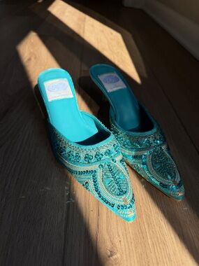 DG2 by Diane Gilman Teal Beaded Sequin Pointed-Toe Mules